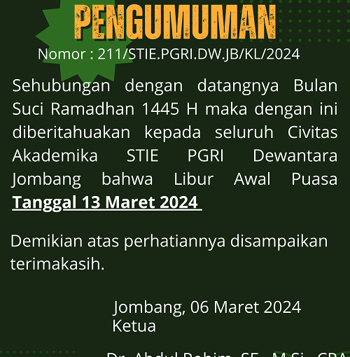 Pengumuman Libur Awal Puasa Ramadhan 1445 H